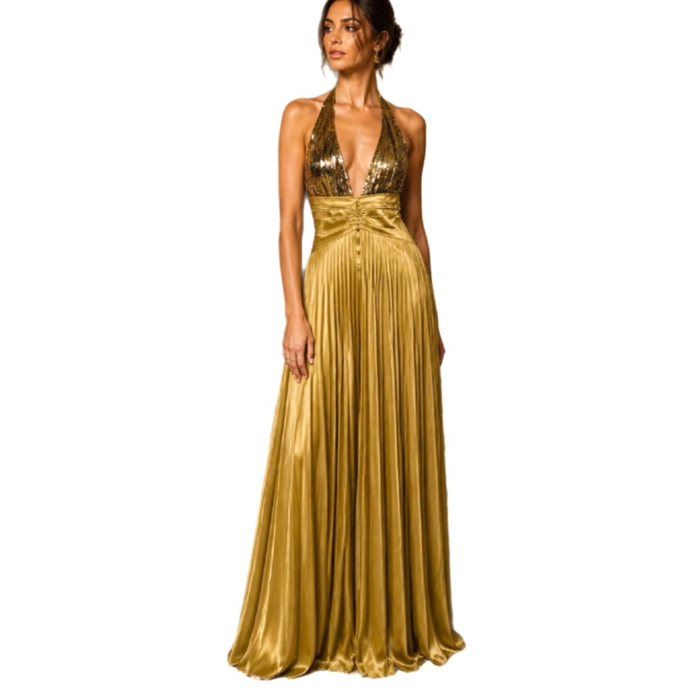 Gold Metallic Pleated Halter Plisse Maxi Dress Sequin Formal Gown SZ S